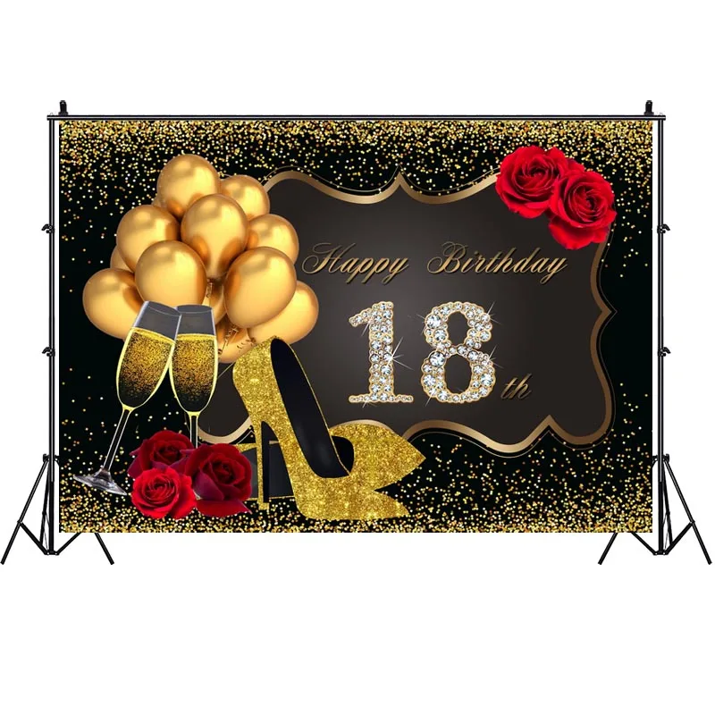 Happy 18th Birthday fondale Glitter Gold Boys Girls festa di compleanno di 18 anni fotografia sfondo Photo Booth puntelli