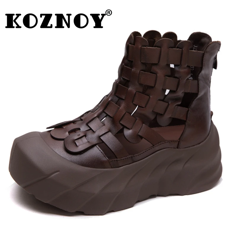 

Koznoy 6cm 2025 Weave Ethnic Cow Genuine Leather Ankle Booties Women Chunky Heels Breathable Hollow Zip Summer Fashion Shoes