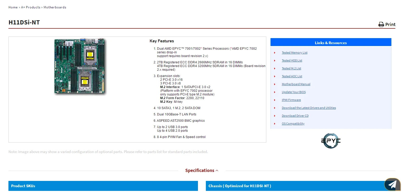 H11DSI-NT for Supermicro EPYC 7001/7002 Series Processors