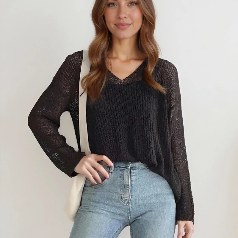 

Осень 202, женские вязаные пуловеры с длинными рукавами, вязаный топ в корейском стиле, элегантный свободный свитер, повседневный однотонный трикотаж с v-образным вырезом