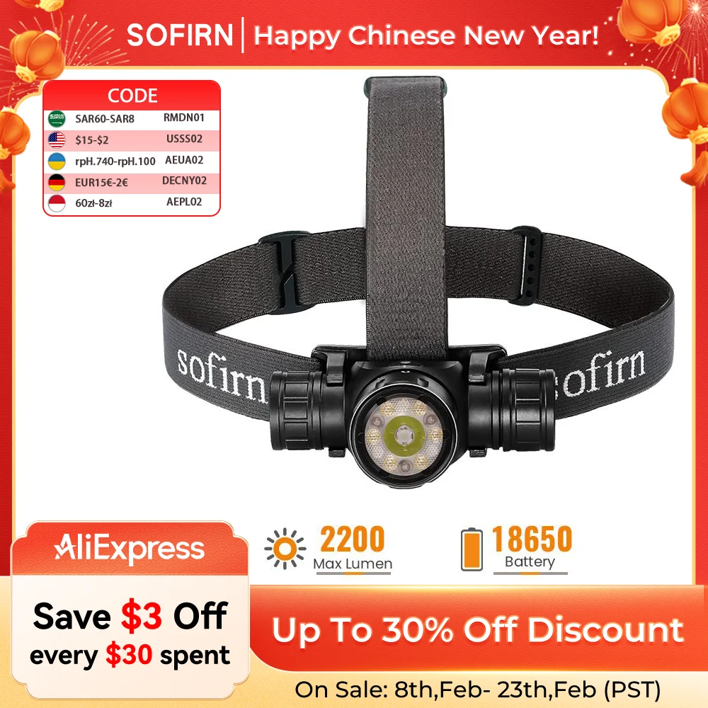 New Sofirn HS21 SFT40 2000lm EDC Red Headlight 18650 USB C Flashlight 6000K Powerful with infrared sensor