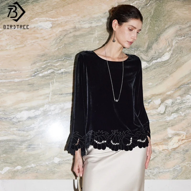 

Birdtree,Base Fabric 100% Silk Velvet Blouse,Women's O-neck Embroidery Hem Pullover,Elegant Shirt,2025 New T5D010JF