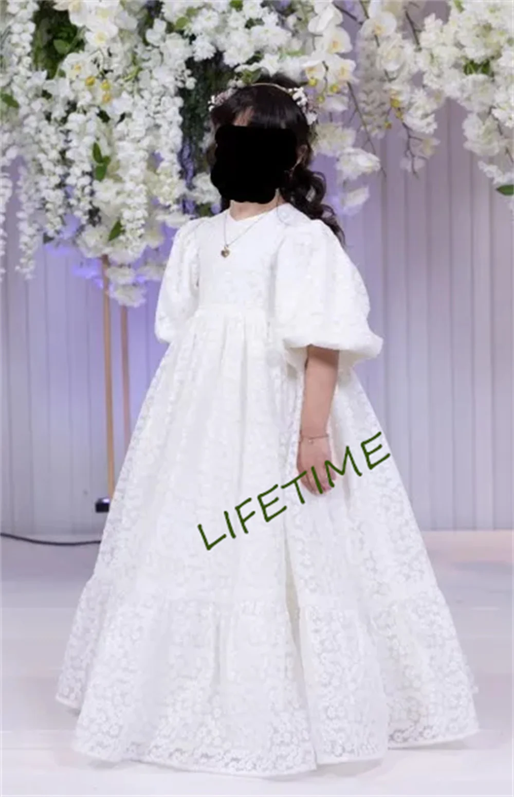 

Three Quarter White Lace Flower Girl Dress For Wedding Puffy Balloon Sleeve Pricness Pageant Birthday O-Neck Girl Dresses