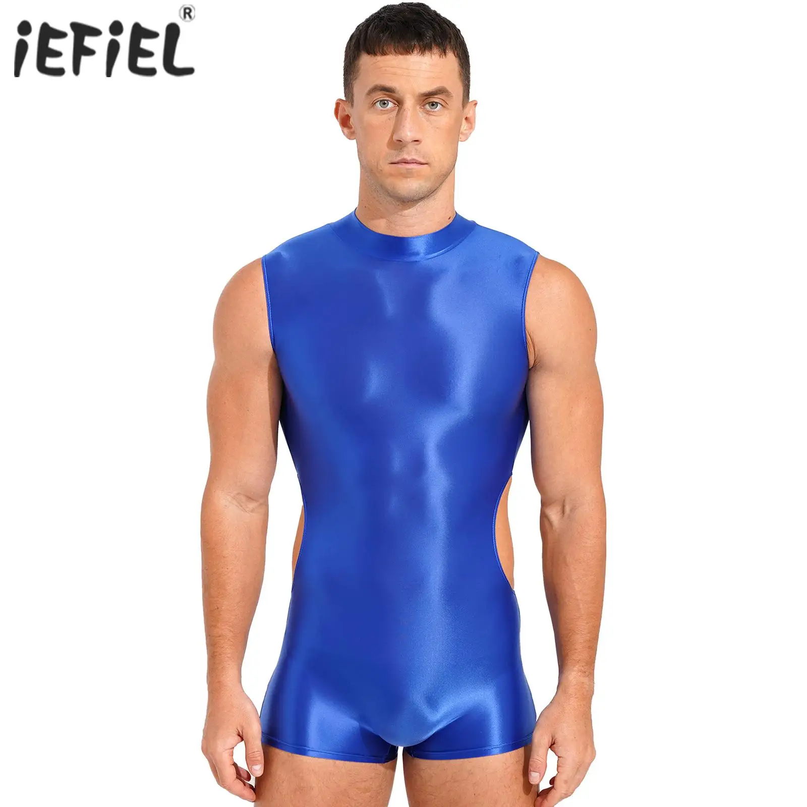 Mens Athletic Swimsuit Stretchy Glossy One Piece Swimwear Side Cutout Back Zipper Tight Bodysuit Short Jumpsuit Gym Fitness