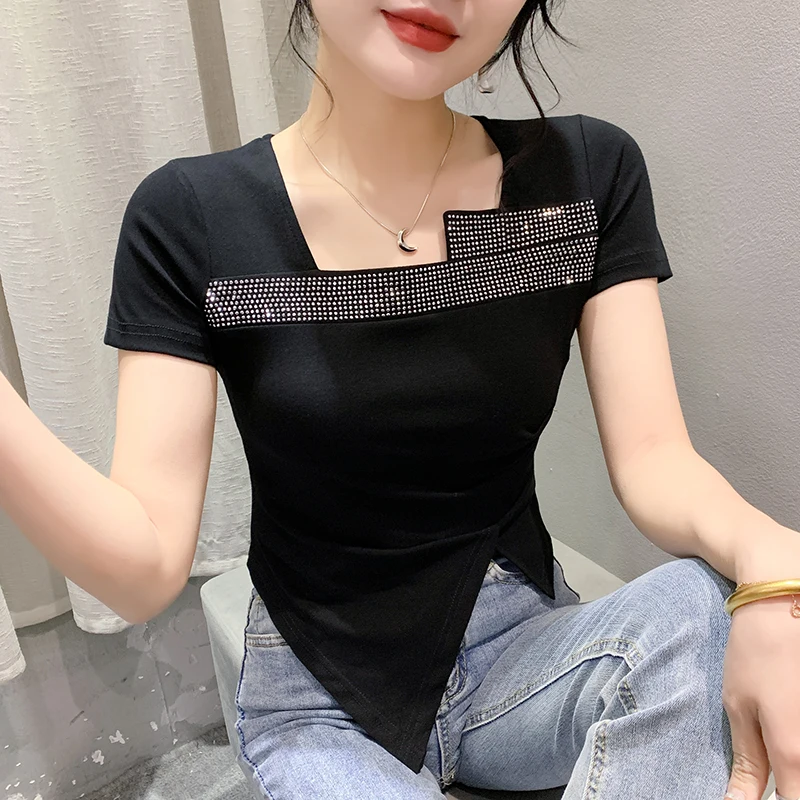 

Black Summer Korean Style T-Shirt Chic Sexy Polo Collar Embroidery Letter Patchwork Women Tops Short Sleeve Tees 2024 New 43218