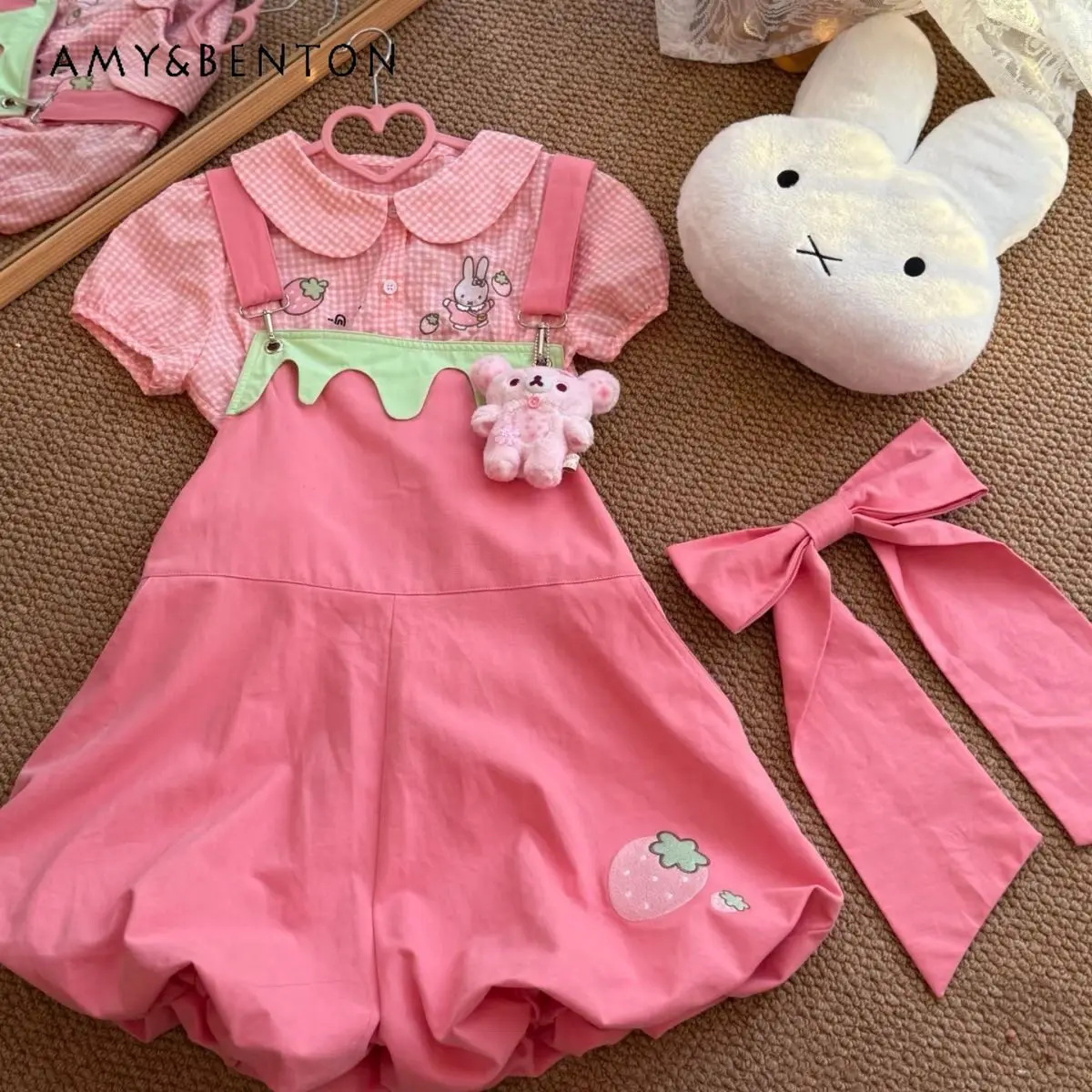 

Girls 2026 New Summer Sweet Pink Plaid Shirt Two-piece Set Middle-to-large Childrens Cute Doll Collar Top with Tulip Overalls