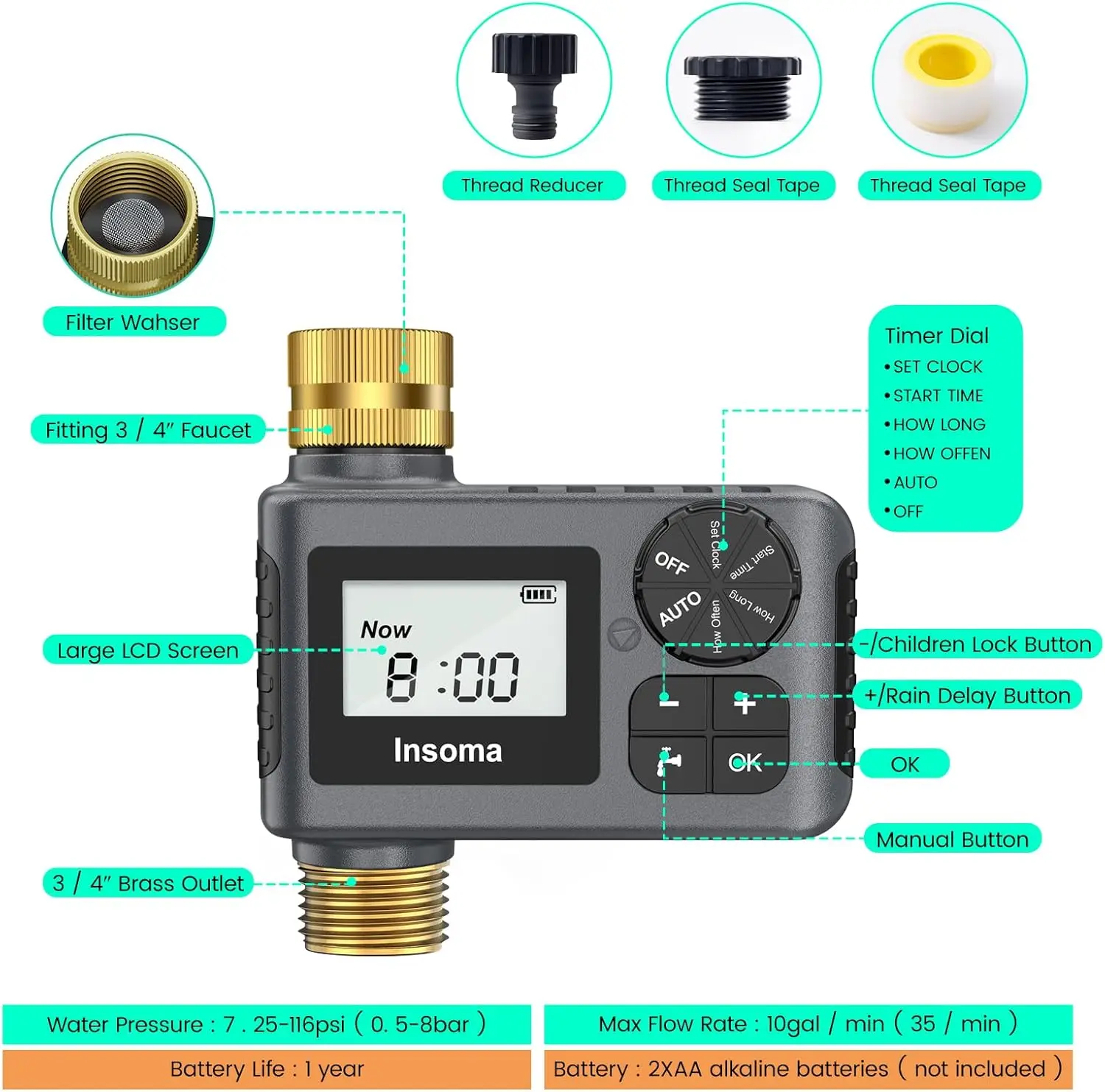 INSOMA Automatic Watering System Smart Garden Irrigation Water Timer with Brass Swivel for Hose Fuacet Outdoor Garden IPX5