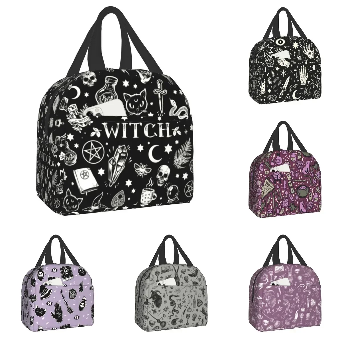 Witch Pattern Insulated Lunch Bag for Work School Halloween Cat SKull Waterproof Cooler Thermal Lunch Box Women Kids Picnic Bags