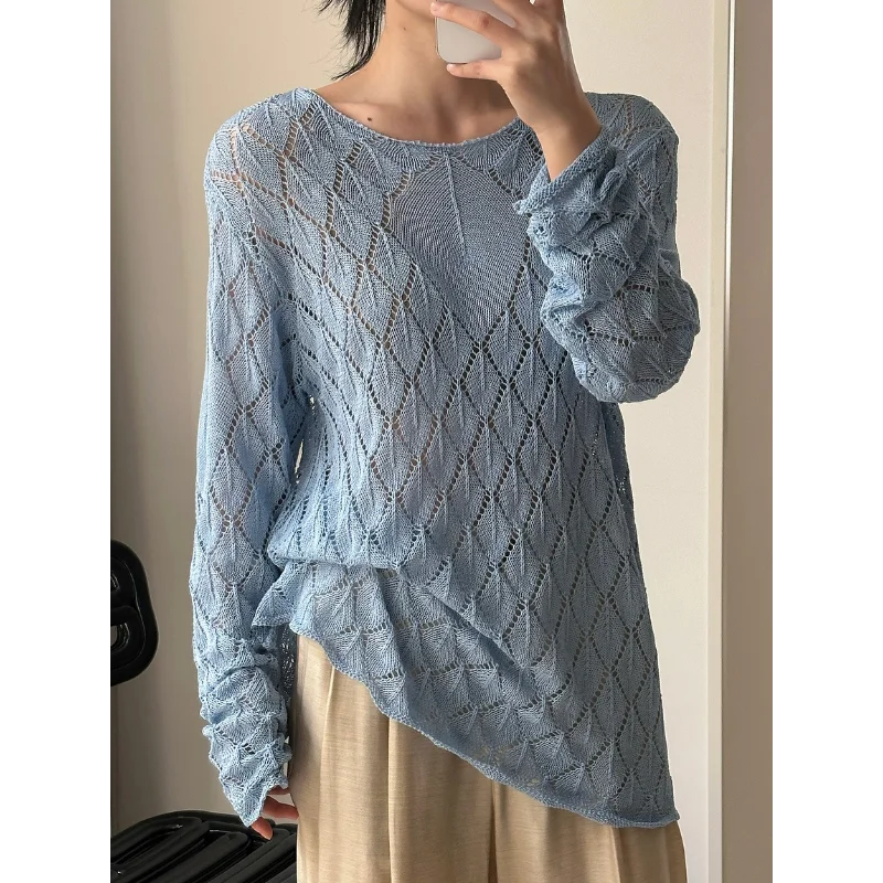 

Summer Hollow Knitted Shirts Korean Women Casual Tops Viscose Fashion Lazy Loose Knitwear Slim Air-conditioned Sweaters Clothes