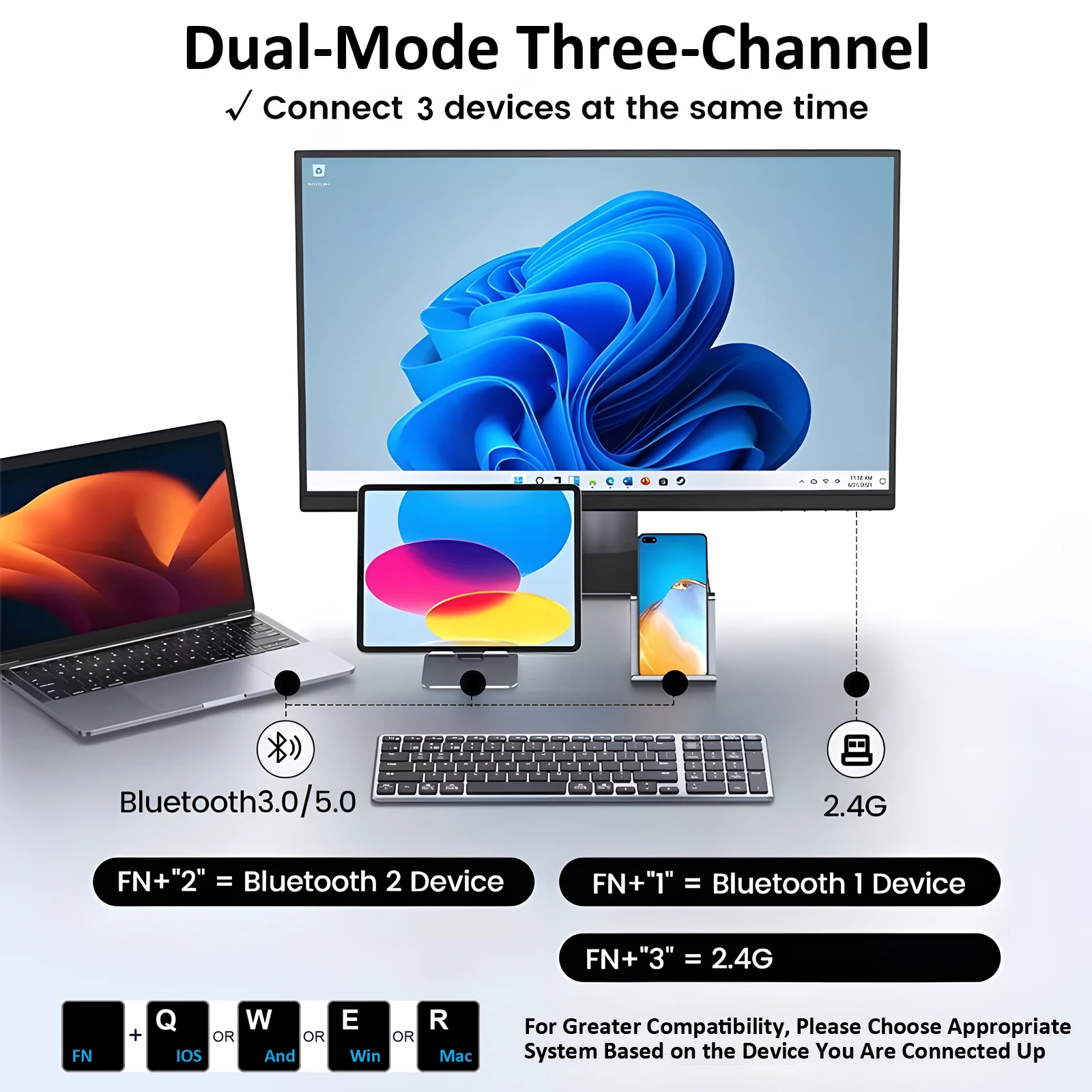 Hebrew English Dual Mode Three Channel Bluetooth Keyboard Slim Quiet Wireless Keyboard for PC Laptop Windows IOS Mac Android