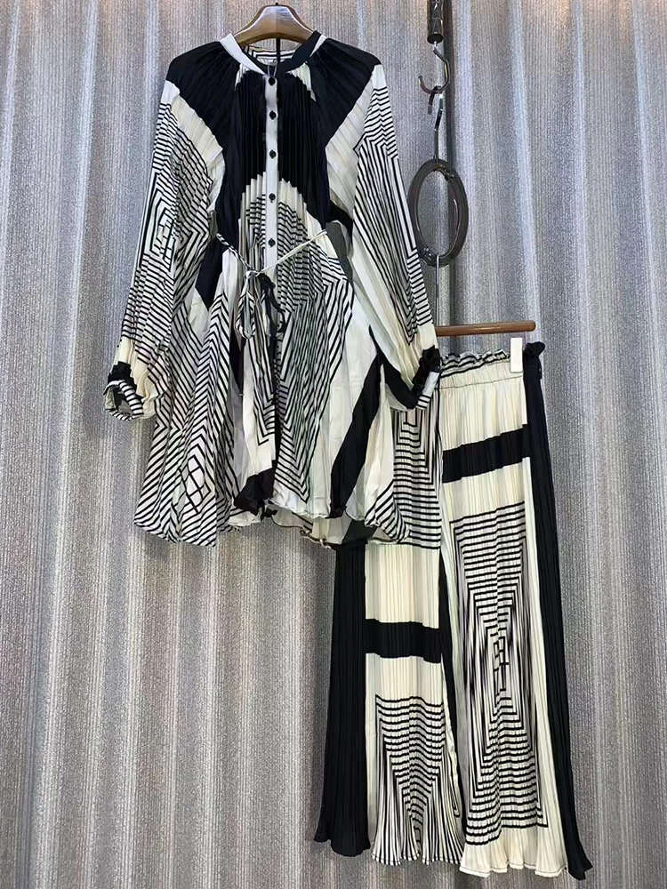 

Retro geometric printed bow-collar loose shirt two-piece set for 2025 autumn women's wear + loose wide-leg pants fashion set