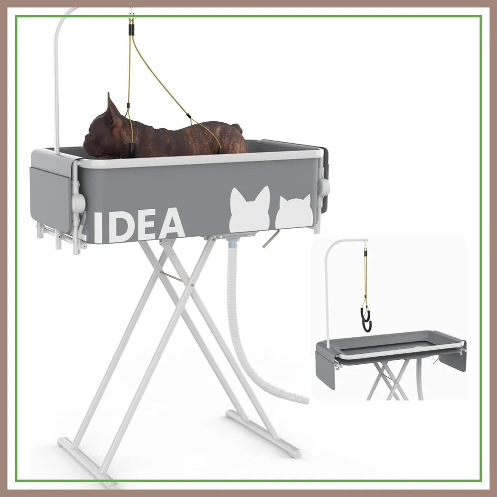 2-in-1 Portable Dog Bathtub & Grooming Table, 33" Foldable Pet Washing Station for Small to Medium Dogs Cats up to 40lbs, 5 Height Adjustable Elevated Bath Tub Indoor Outdoor