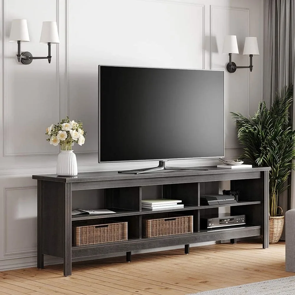 Suporte de tv de 70 polegadas para tv de 75 polegadas, centro de entretenimento com 6 prateleiras de armazenamento, armário de mesa de console de tv clássico para sala de estar