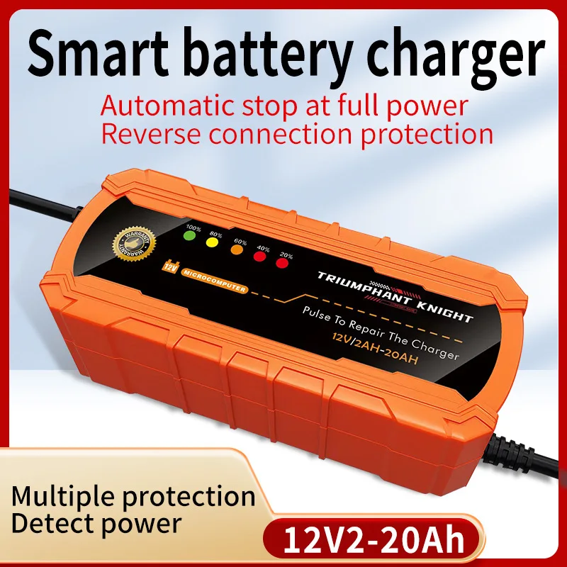 12V Car Motorcycle Battery Charger 2A Fully Automatic Smart Charger Pulse Repair Battery Suitable for 2-20ah Lead-Acid Batteries