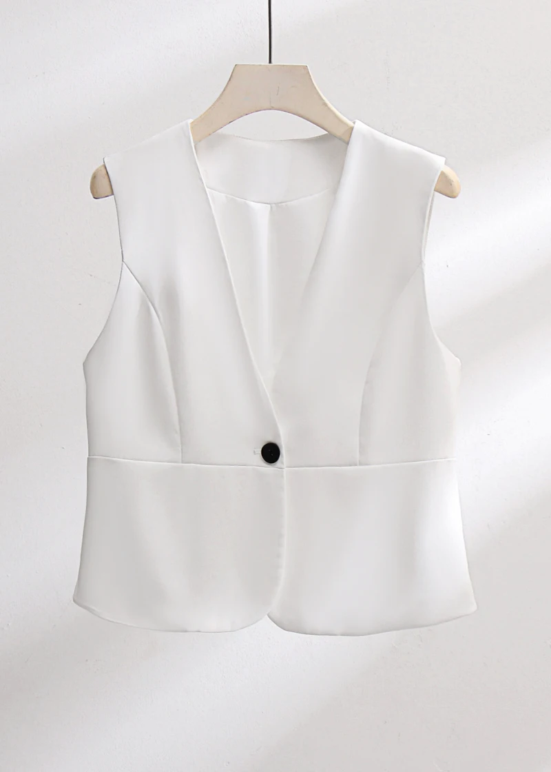 

Vintage Suit Waistcoat Elegant Women's New V-neck Coat Fashion Design Sense a Button White Simple Casual Jacket Office Wear