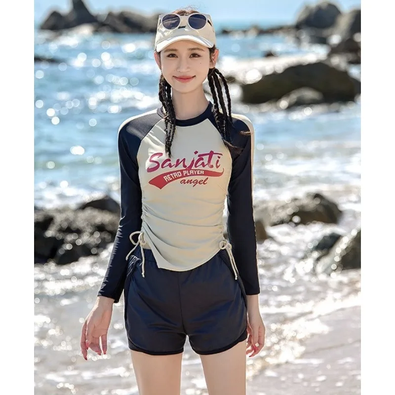 Women Long Sleeve Swimsuit Color Block Letter Print Drawstring Side Boyshort Modest Bathing Suit Beach Sports Surfing Vacation