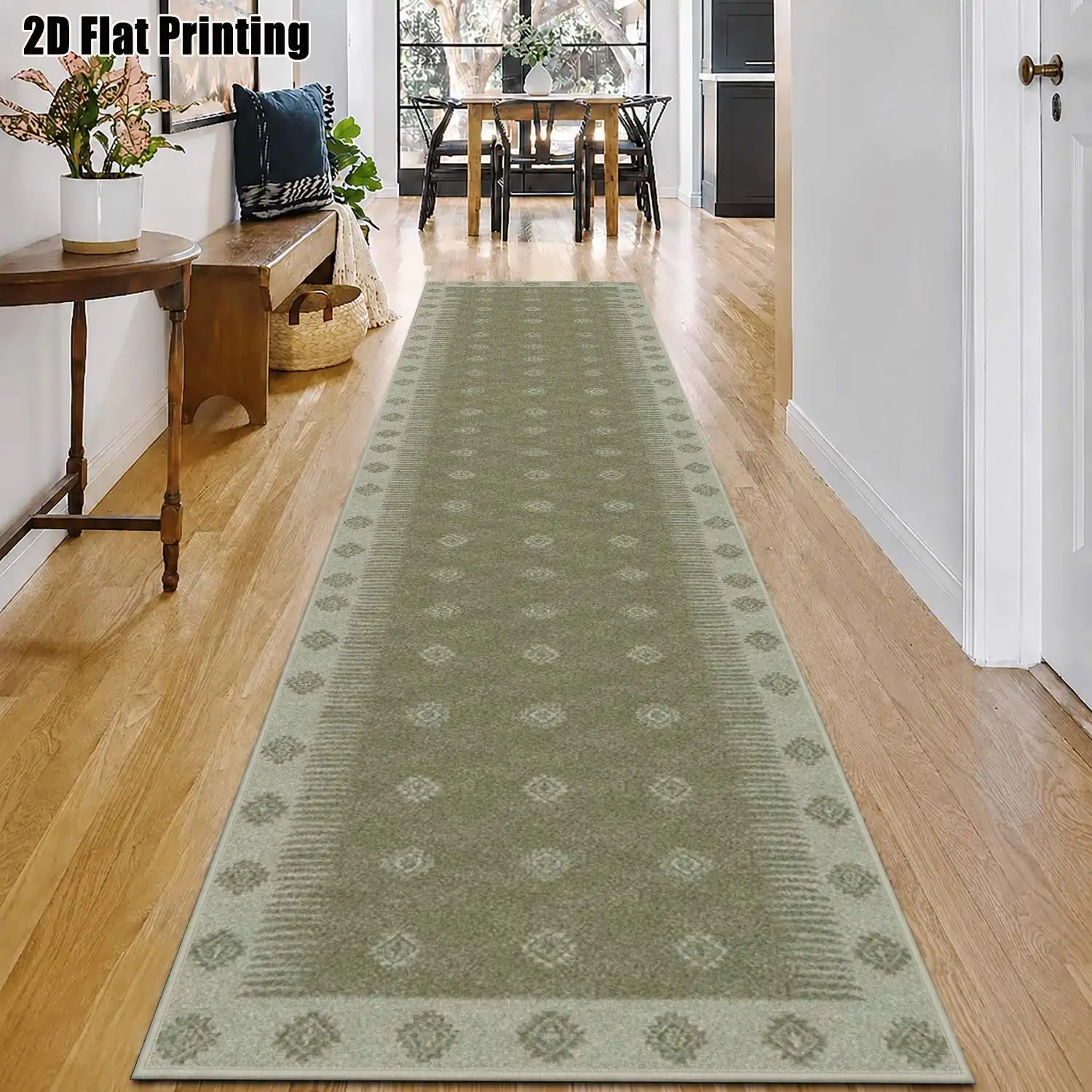 1Pc 2D Printed Strip-Shaped Track Carpet: Grey-Green Geometric Nordic/Modern Minimalist/European Style, Home Decor, Multiple Sizes, Machine Washable, for Entrance, Hallway, Bedroom, Living Room