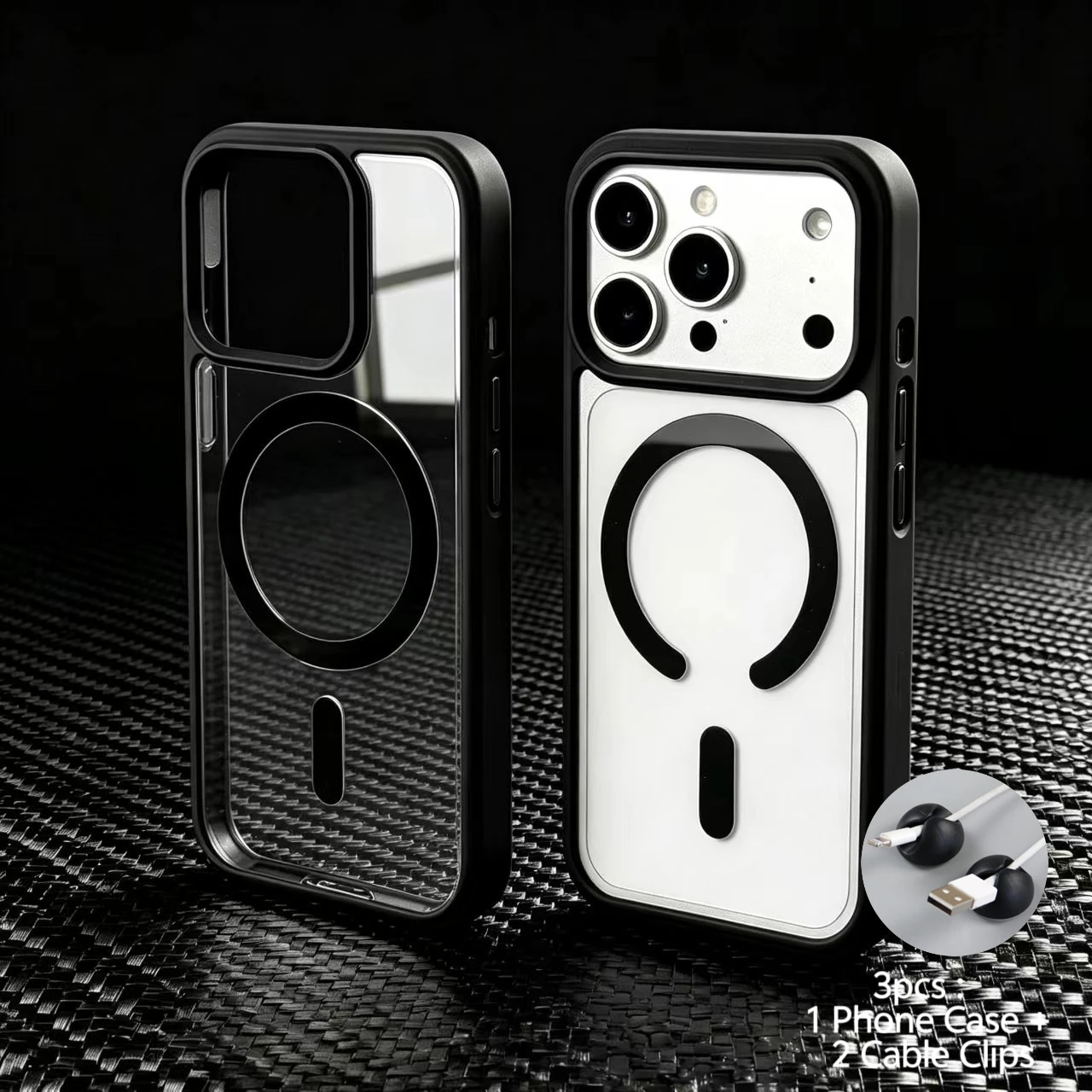 3pcs:1 Case+2 Cable Clips Luxury Anti-Slip Acrylic Magnetic Case for iPhone 18 17 16 15 14 13Pro Max 16 15 14Plus 13Mini 17Air