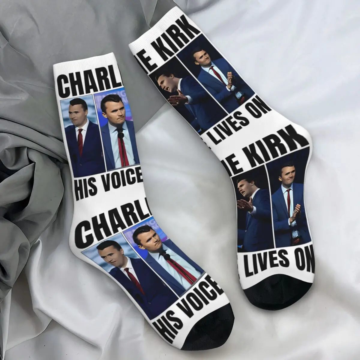 

Charlie Kirk His Voice Lives On Socks Novelty Stockings Unisex Men High Quality Running Socks Winter Custom Non Skid Socks