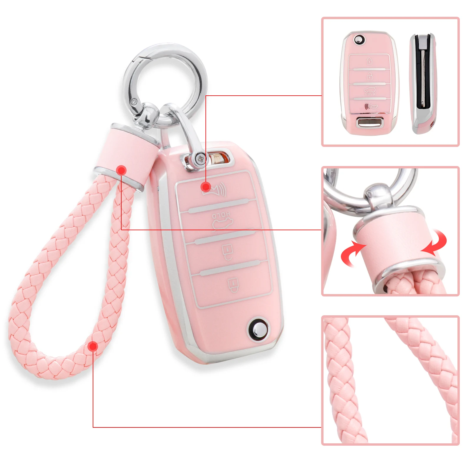 for Kia Key Fob Cover with Keychain, Pink Soft TPU Key Case Fit for Kia Sedona Rio Optima Soul Sportage Sorento Carens Flip Key