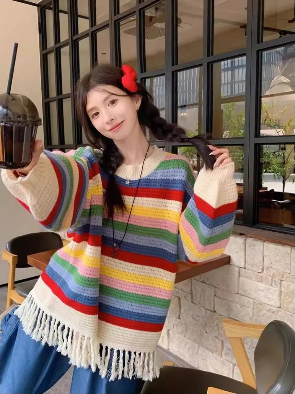 

Весенний женский вязаный свитер 2026 года в радужную полоску, свободный, утепленный, для ношения под одеждой, комфортный, в корейском стиле, с длинными рукавами