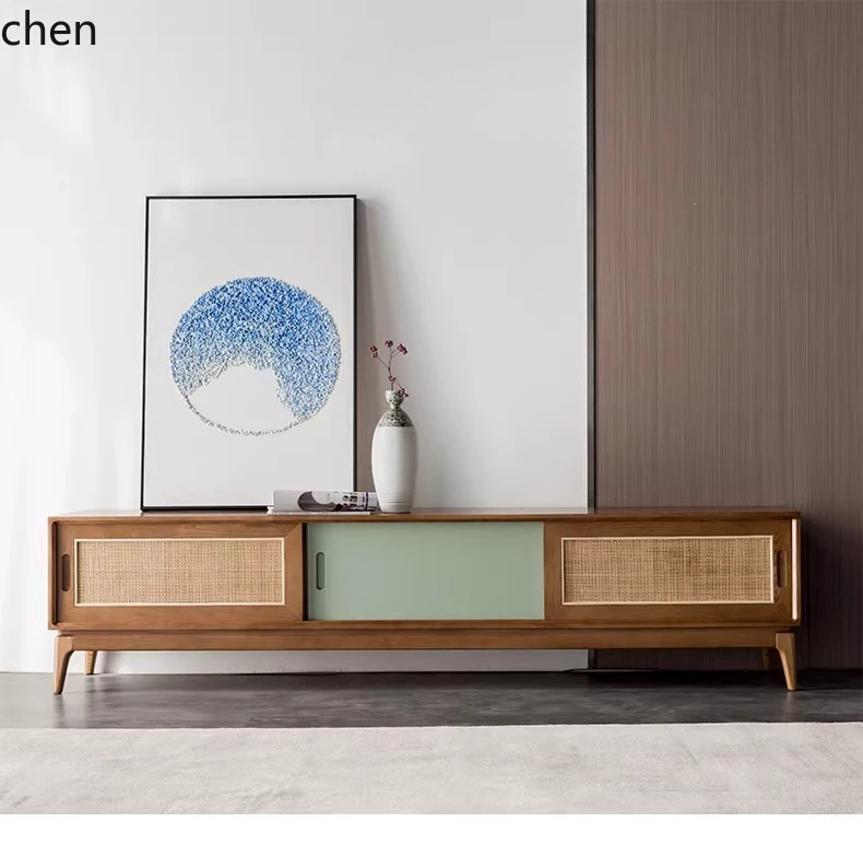 

HYS Rattan Audiovisual Cabinet Simple Solid Wood Small Apartment Home Living Room Vintage Style TV Cabinet