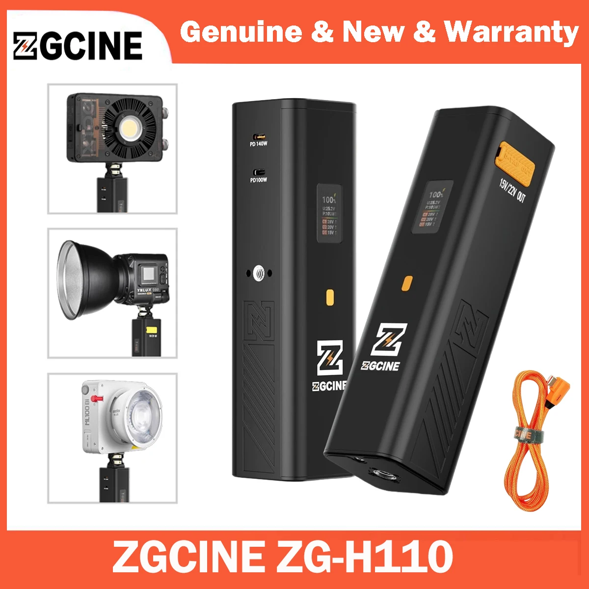 ZGCINE ZG-H110 Battery Grip 110Wh/22V, PD3.1 140W USB-C & D-Tap (14.8V/22V) Output with OLED Display for Video Lights/Monitors