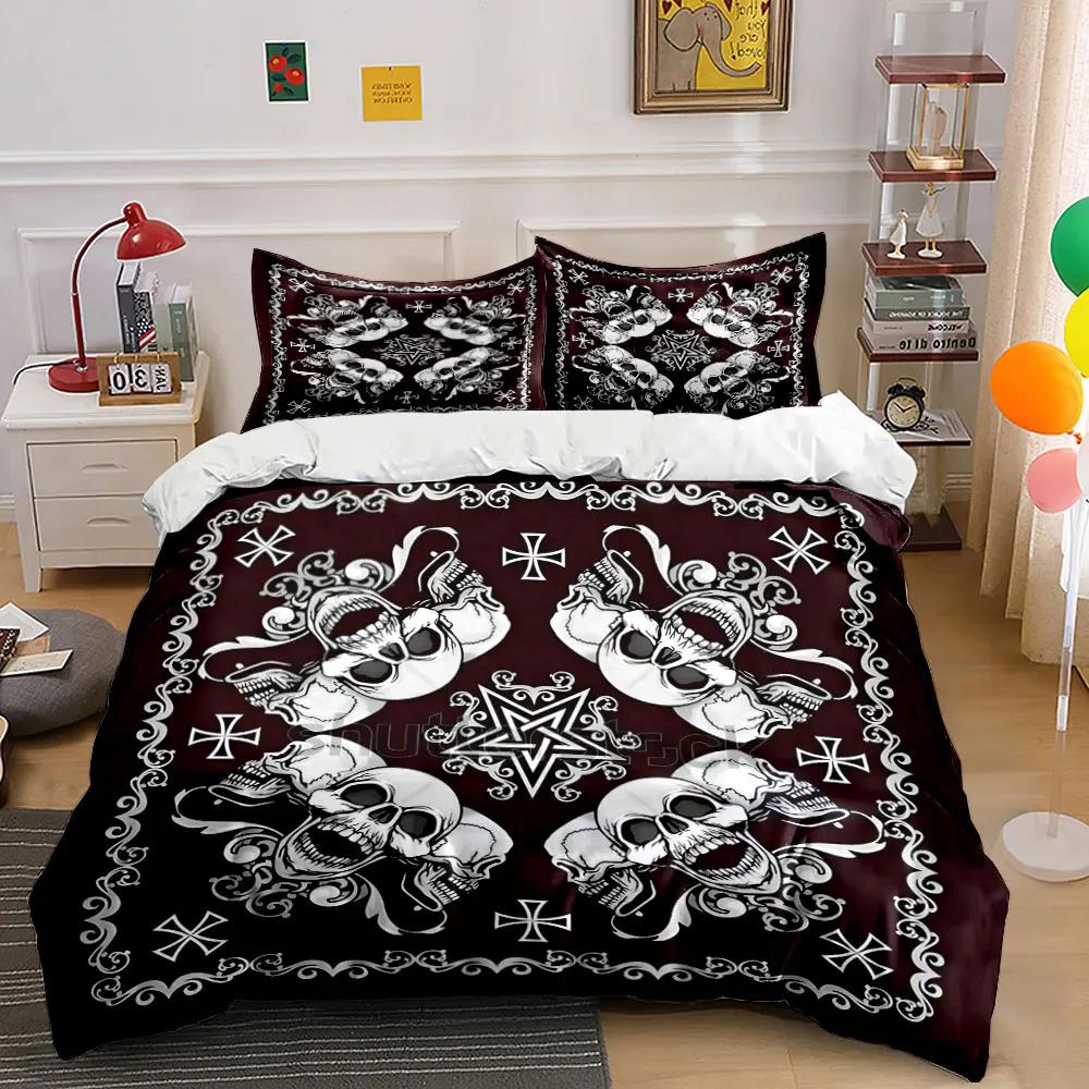 Skull and Gothic Pattern Design Printed Duvet Cover Set 1 Duvet Cover+2 Pillowcase Multi Size Bedroom Bedding Decor