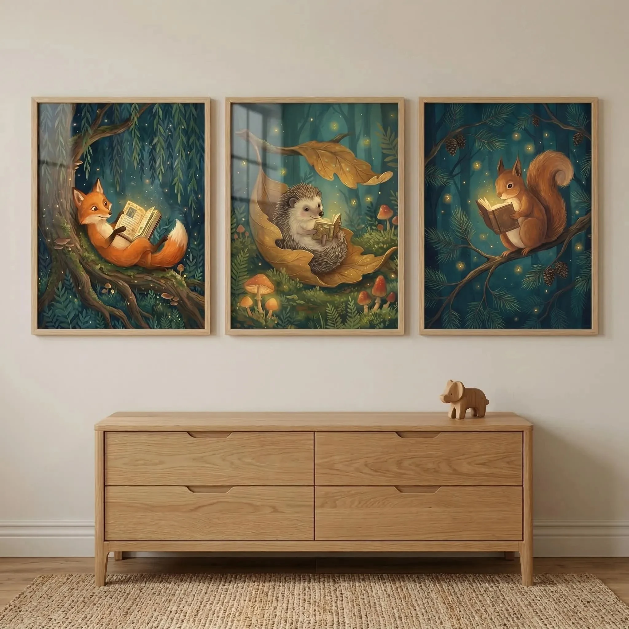 3Pcs Fairytale Woodland Animal Wall Art, Whimsical Storybook Reading Fox Hedgehog Squirrel Canvas Prints, Newborn Baby Gifts