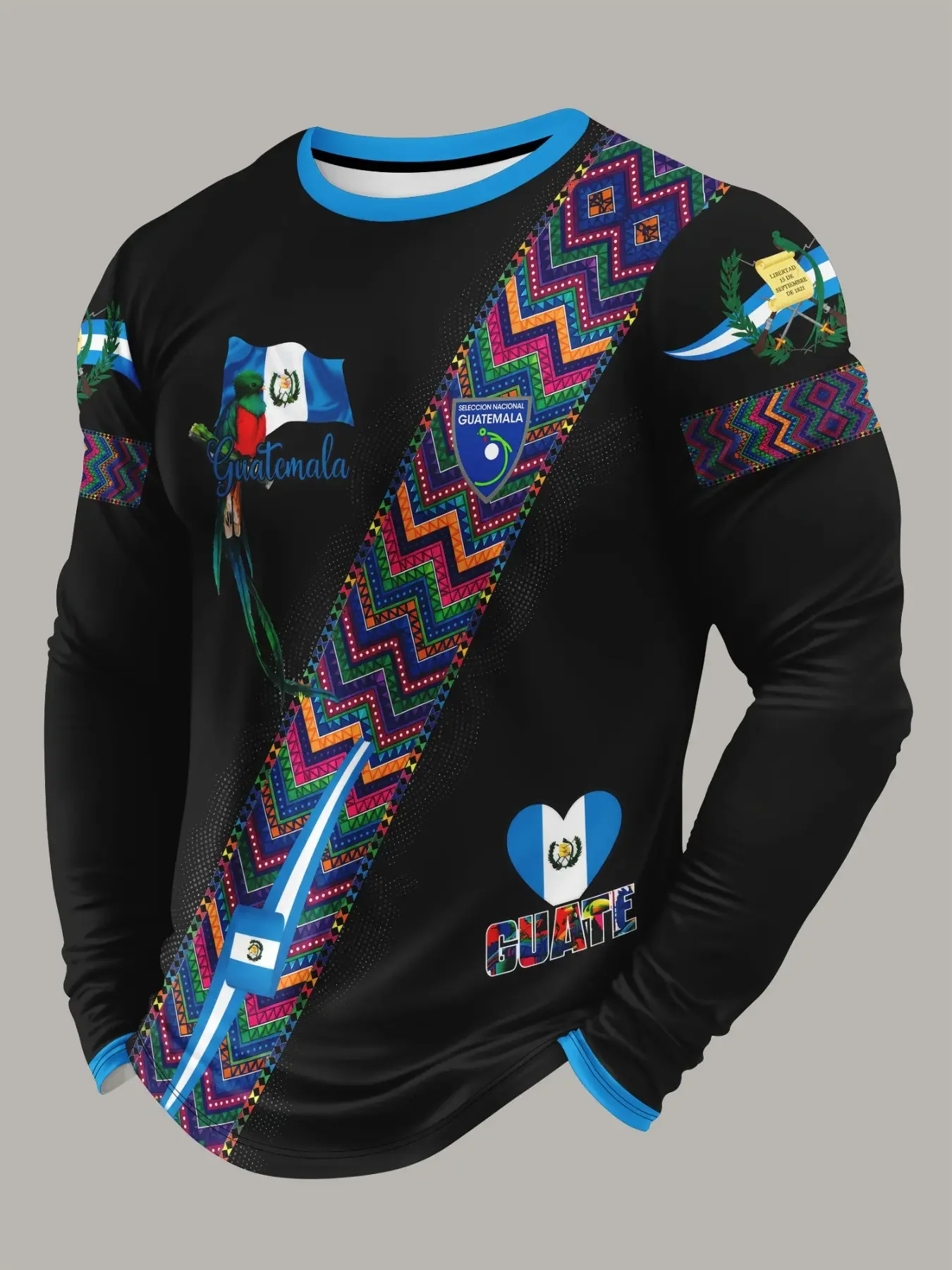 Guatemala Traditional Blue Sports Shirt, Colorful Zigzag Pattern, Flag Elements, Duck Design, All Seasons, Long Sleeve Top
