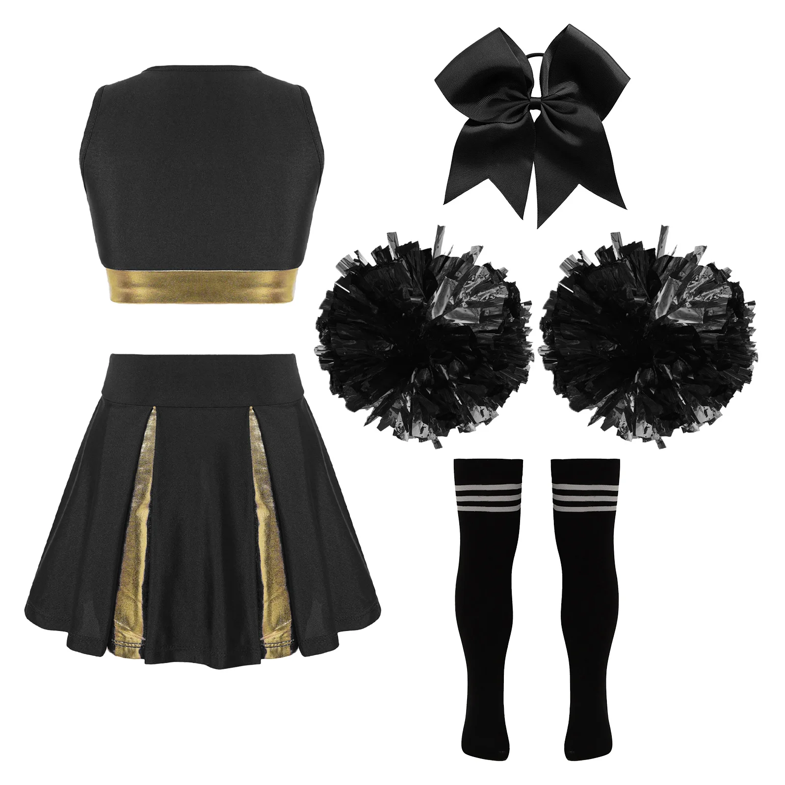 Meninas Cheerleading Roupa de Dança, Uniforme de Desempenho Reunião Esportiva, Colheita com Saia, Laço de cabelo, Meia De Tubo De Bola De Flores, Crianças