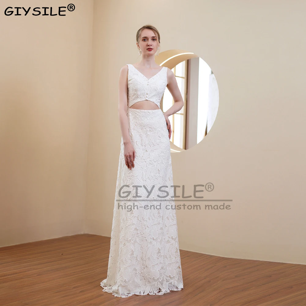 

GIYSILE Customized One Shoulder Light Wedding Dress French Simple Lace V-neck Bridal Photography Floor Length Wedding Gowns