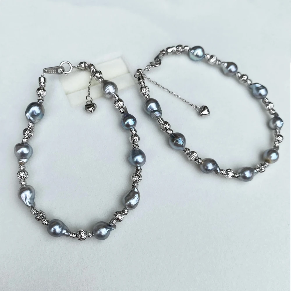 6-7mm Aurora Baroque Akoya Pearl Bracelet Cool Color Silver Gray Blue Seawater Pearl Bracelet with 925 Silver Beads and Clasp