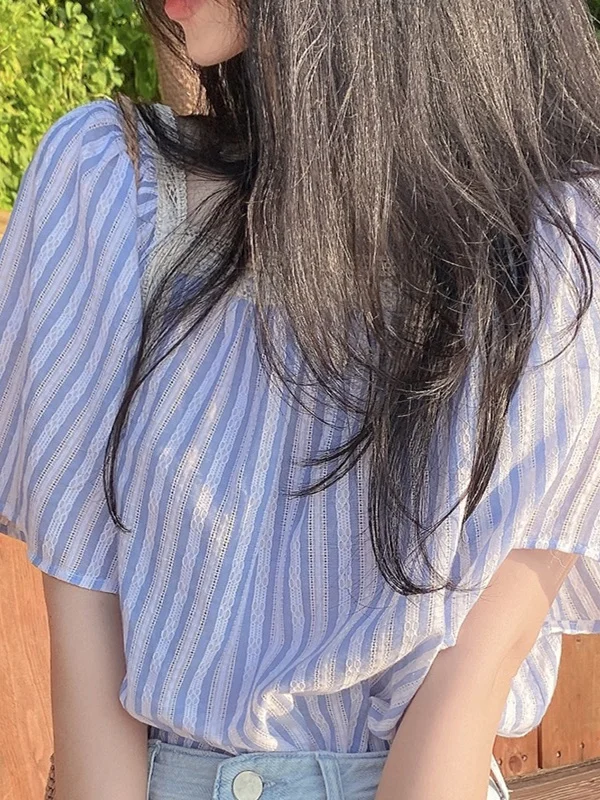 Bleu coton lin ort Sve irt été doux dentelle col carré poupée irt bulle Sve rayé irt décontracté coupe ample