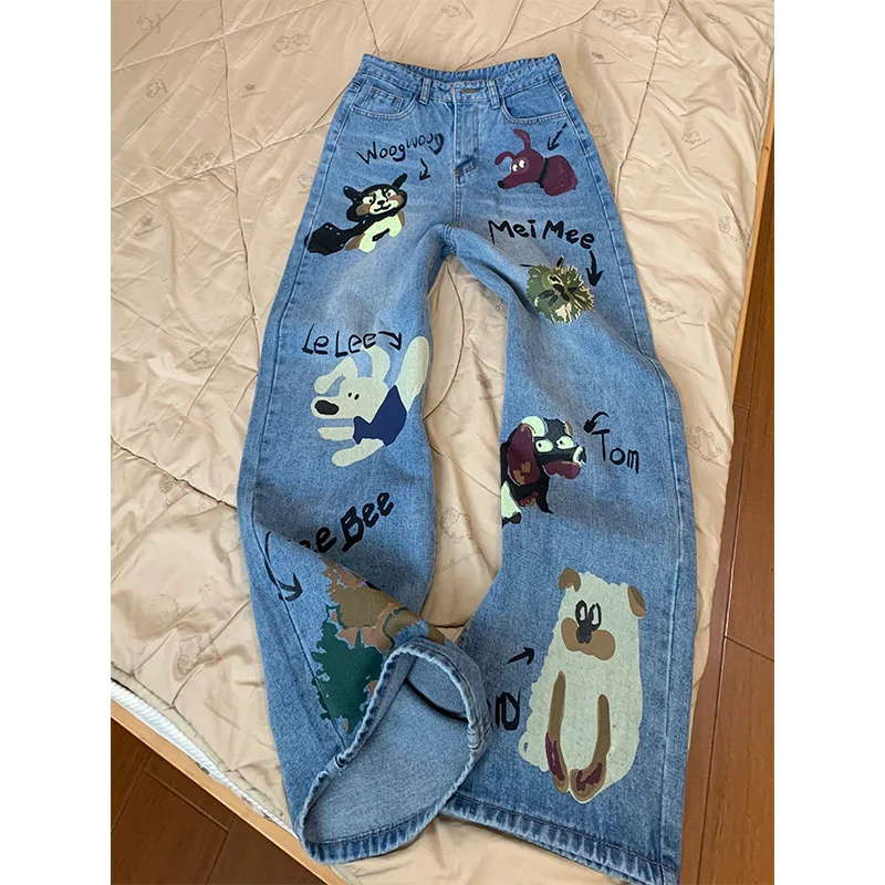 

High Waist Loose Wide Leg Straight Jeans Women's Spring Autumn 2025 New American Design fiti Print Casual Trousers