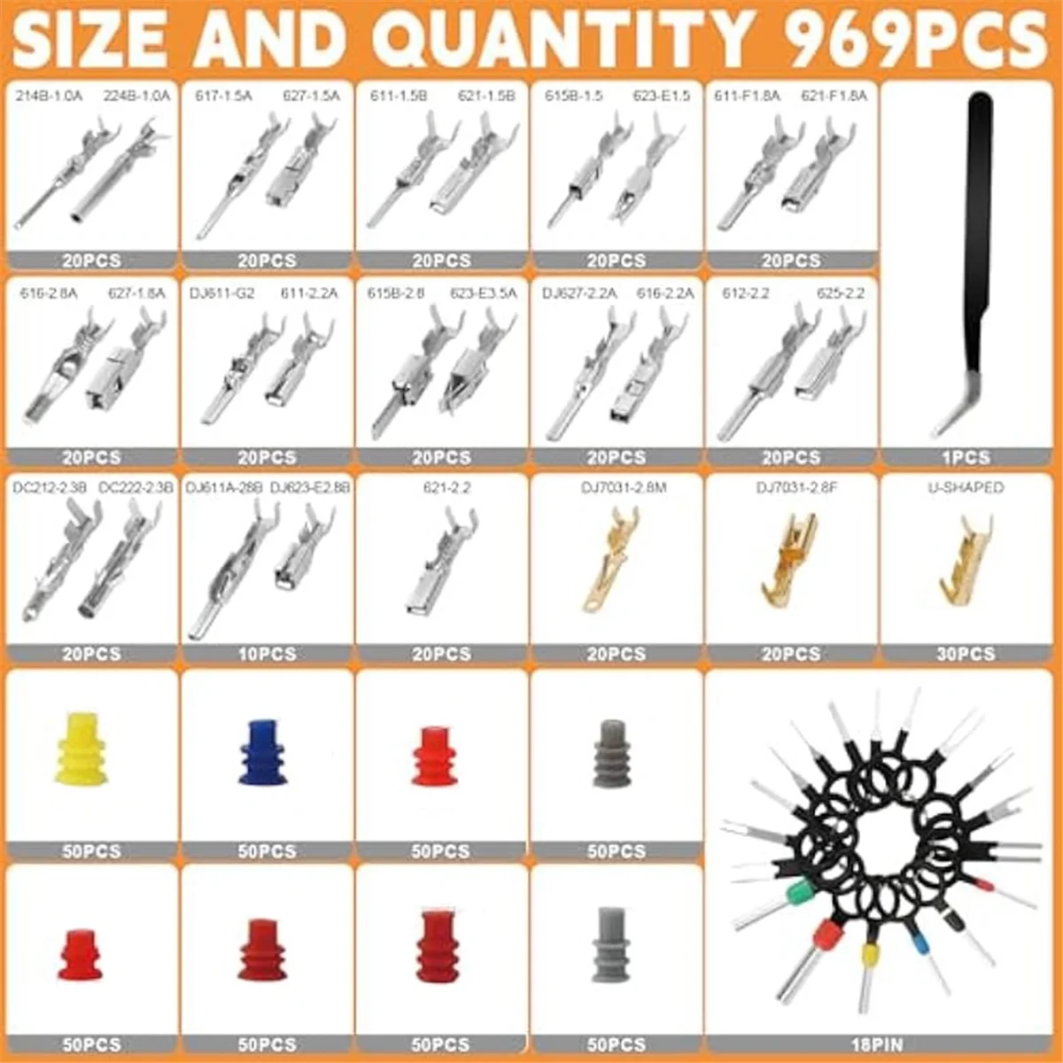 A02Q-969 pezzi Kit connettori pin automobilistici, 28 tipi di kit connettori pin terminali elettrici Connettore cavo maschio e femmina