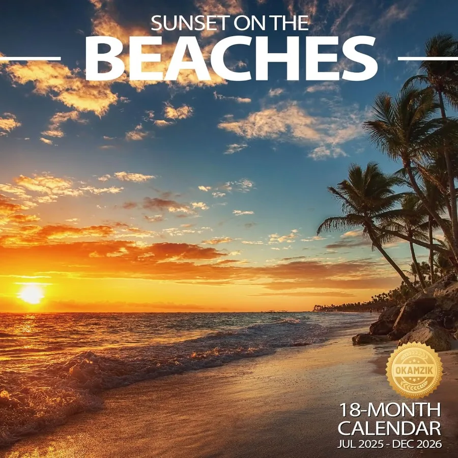 

Настенный календарь-планировщик на 2026 год. Закат на пляже. Подвесной ежемесячный настенный календарь с большими блоками для организации и планирования.