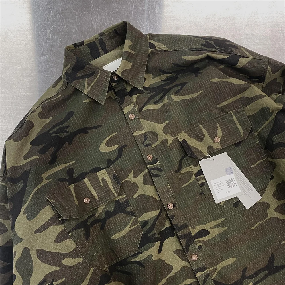 Undermycar High Street Trendy Brand High Quality Extra Large Washed and Worn Dark Checker Patch Camo Shirt