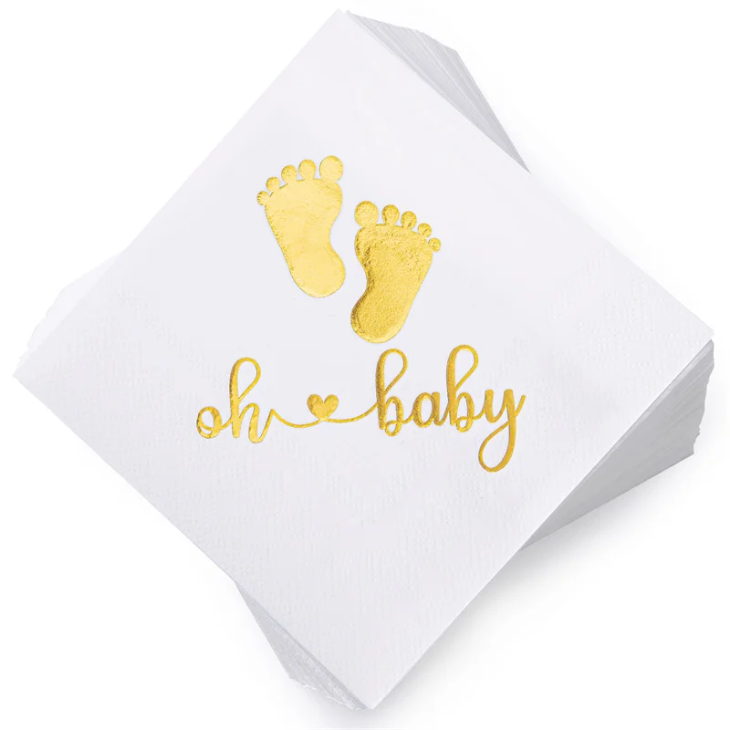 Ensemble de 20 serviettes de pieds imprimés Oh Baby Gold, serviettes en papier estampillées à chaud pour réception-cadeau pour bébé, vaisselle jetable, fournitures de fête d'anniversaire
