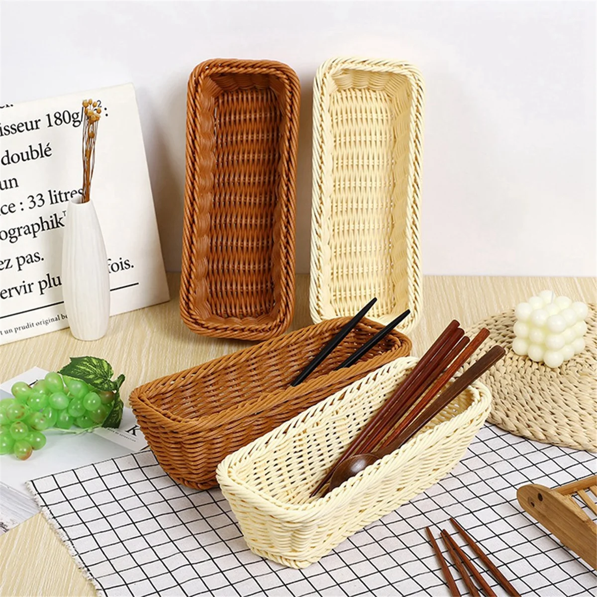 Rattan Woven Basket Cutlery Storage Basket Chopsticks Holder Spoons Fork Storage Box Container Tableware Organizer B