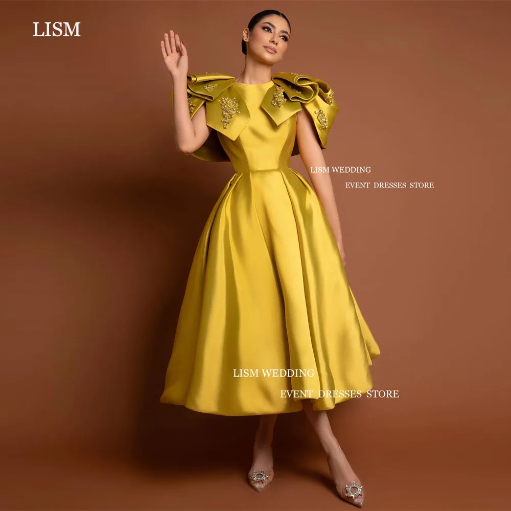 LISM Gold Satin Evening Party Dress O-Neck With Beading Dubai Arabic Women Tea-Length Pleat Customised A-Line Formal Prom Gowns