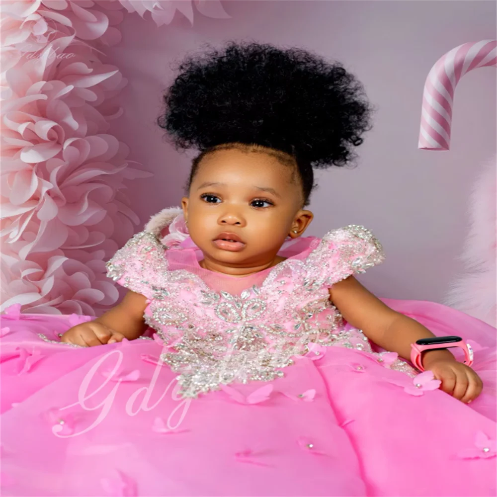 

Cute Pink Fluffy Short-Sleeve Dress Suitable For Weddings Silver Decorations Princess Birthday Parties