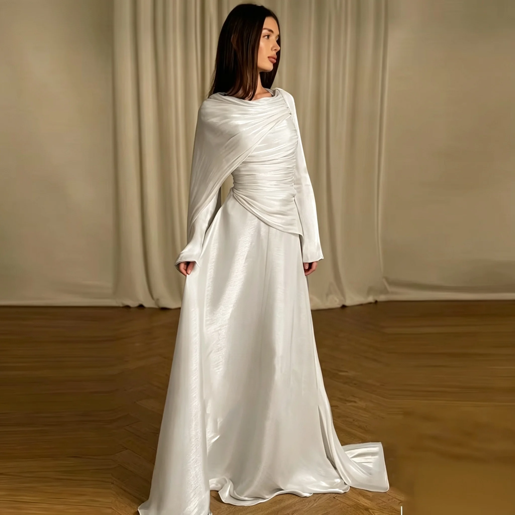 Ladies Dresses Draped Neck Shiny Satin Chiffon Prom Gown Ruched Waist Cape Sleeve Long Train Women Wedding Guest Dresses