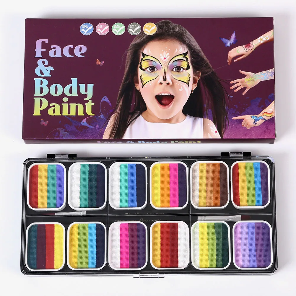12 Colors Gradient Water Washable Paint Set Matte Shimmer Mixed Body Face Art Kit 3012 H 12 Grids 2 Brushes Halloween DIY