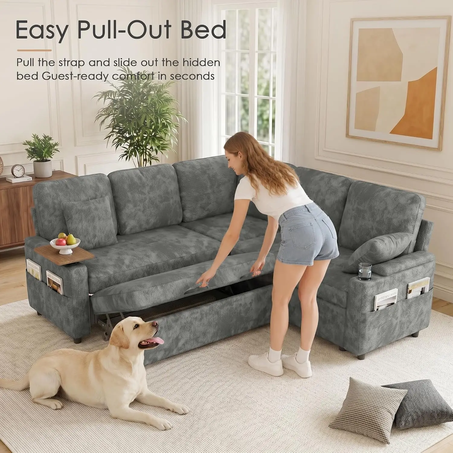81'' Modular Sectional Sofa Bed, 5-Seat L Shaped Sleeper with Adjustable Backrest & USB & Side Table, Chenille Grey Living Room