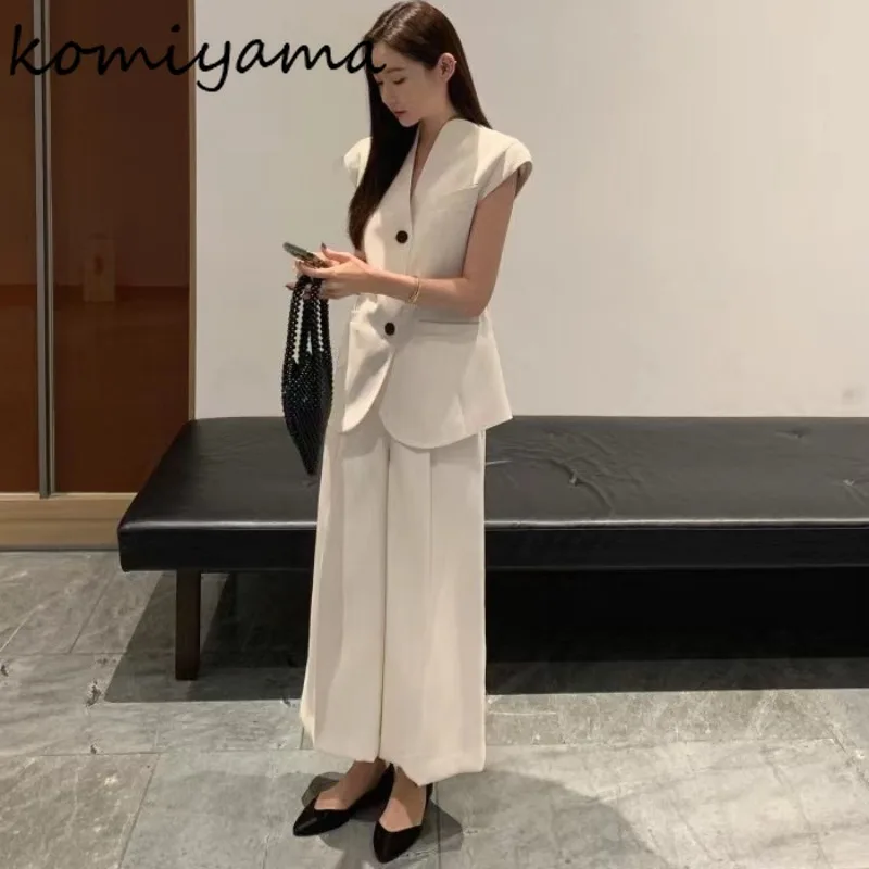 Spring Summer New 2024 Woman Sets V-neck Single Breasted Chaqueta Mujer + High Waist Wide Leg Pantalones Korean Chic Suit