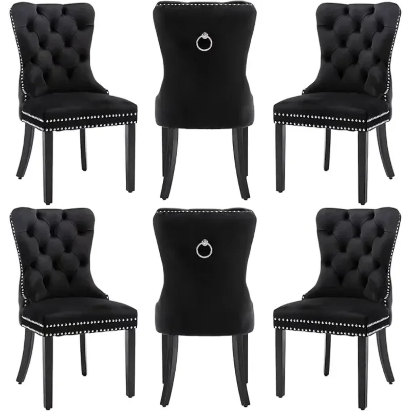 Velvet Dining Chairs Set of 6 for Nikki Collection with Golden Stainless Steel Legs and Pull Ring Customized