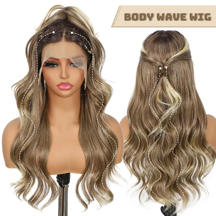 Aschblonde Lace-Front-Perücke, 13 x 4, vorgezupft, Highlight-Körperwelle, synthetische Lace-Front-Perücke für Frauen, hitzebeständiges Haar, 55,9 cm Da