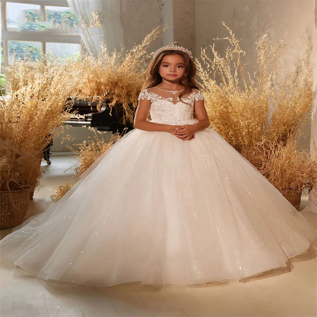 Marfim elegante vestido da menina de flor para o casamento renda brilhante tule até o chão crianças vestido festa aniversário princesa vestido baile