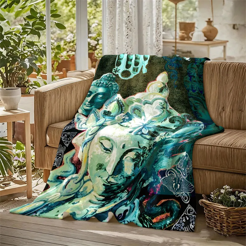 Buddhist Collage Teal Mystic Flannel Blanket Perfect for Sofa Office Bed Travel Sleep Read Relax Camping Four Season Use